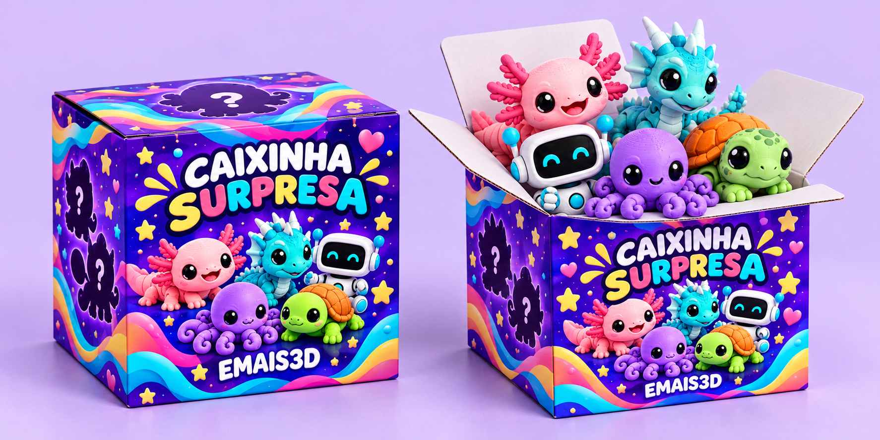 Caixinha Surpresa EMAIS3D fechada ao lado de outra aberta, com axolote rosa, dragão turquesa, robô, polvo roxo e tartaruga