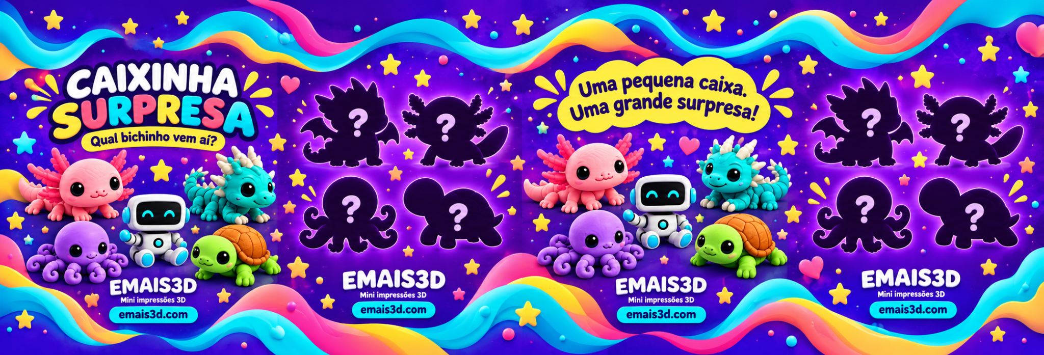 Arte original da Caixinha Surpresa EMAIS3D em roxo, rosa, amarelo e turquesa com os cinco personagens